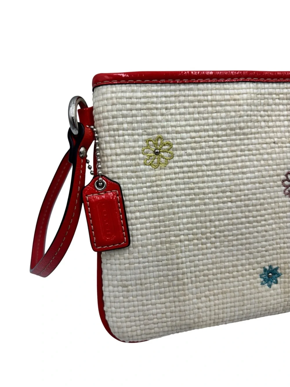 Coach Butterfly Straw Wristlet Pouch Appliqué Floral Embroidered Zip Clutch - Picture 10 of 10